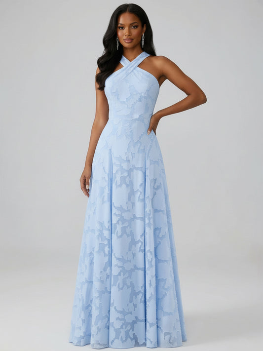 Rella A-Line Halter Sleeveless Floor-Length Floral Lace Long Bridesmaid Dresses