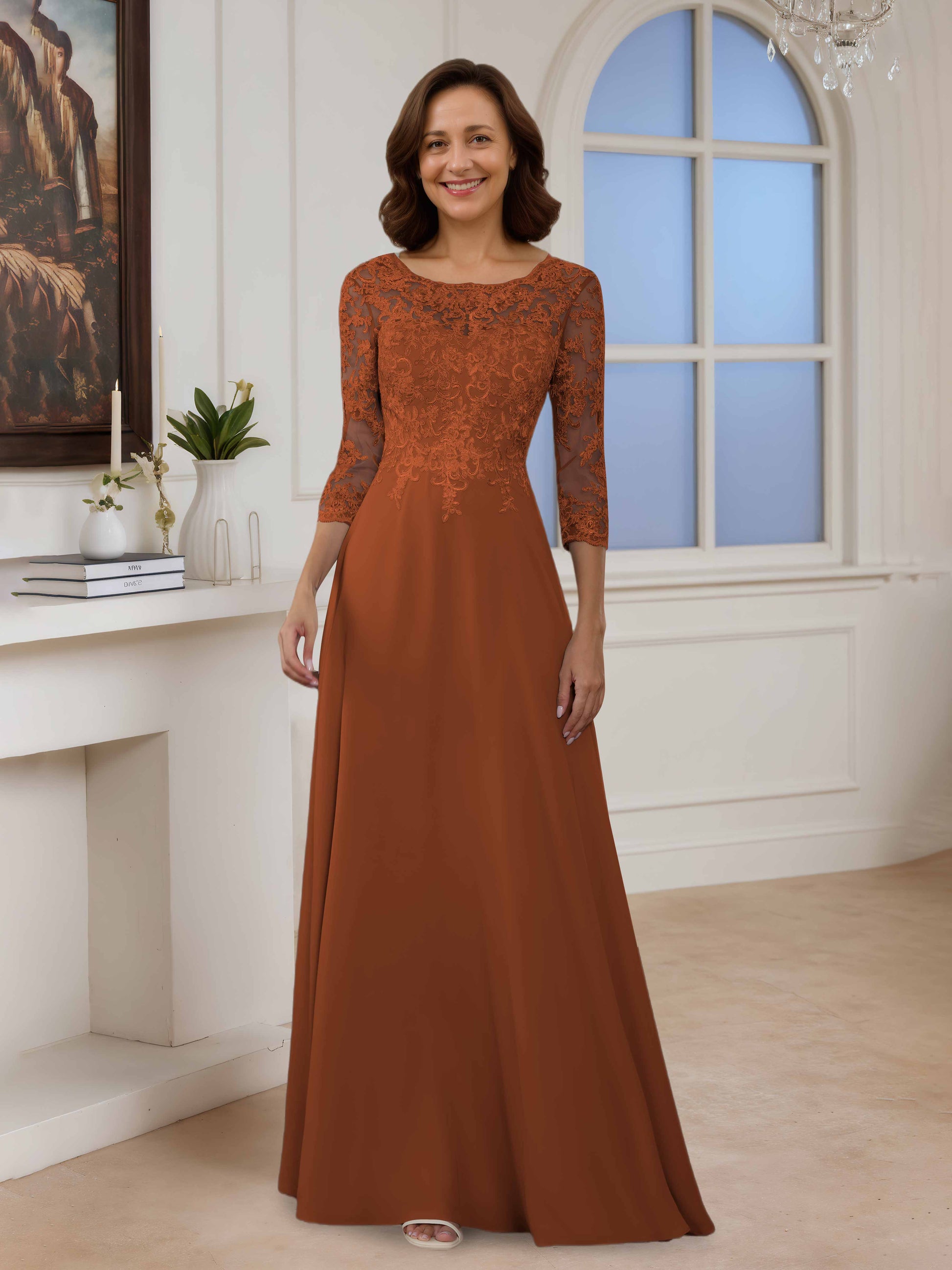 Renora A-Line Illusion Lace Long Mother of The Bride Dresses With 3/4 Cathnina Renora A-Line Illusion Lace Long Mother of The Bride Dresses With 3/4 Cathnina