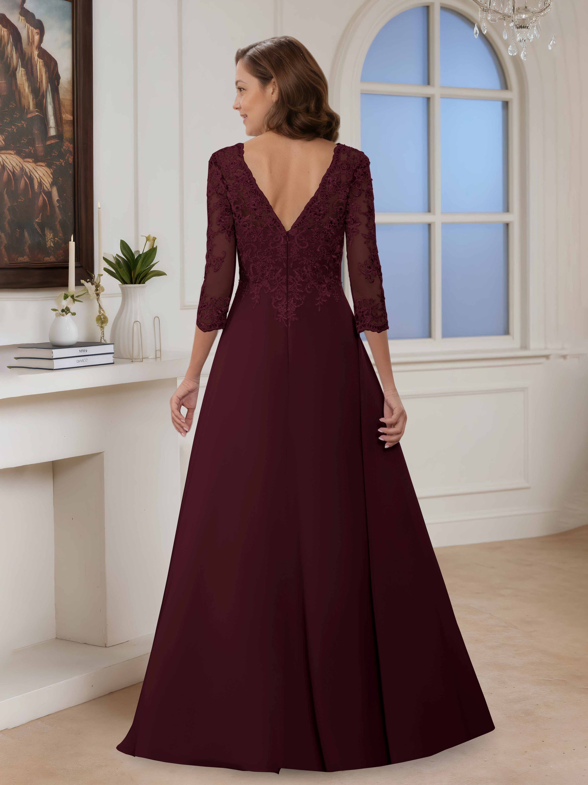 Renora A-Line Illusion Lace Long Mother of The Bride Dresses With 3/4 – Cathnina Renora A-Line Illusion Lace Long Mother of The Bride Dresses With 3/4 – Cathnina