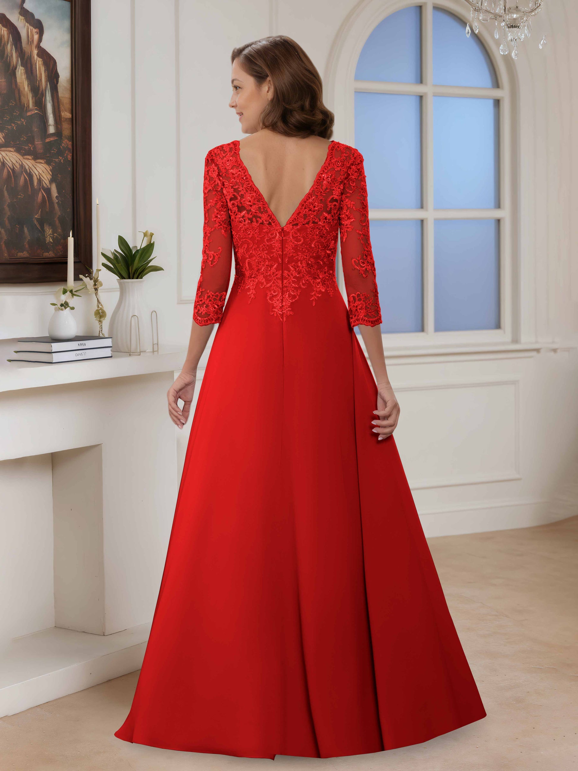 Renora A-Line Illusion Lace Long Mother of The Bride Dresses With 3/4 Cathnina Renora A-Line Illusion Lace Long Mother of The Bride Dresses With 3/4 Cathnina
