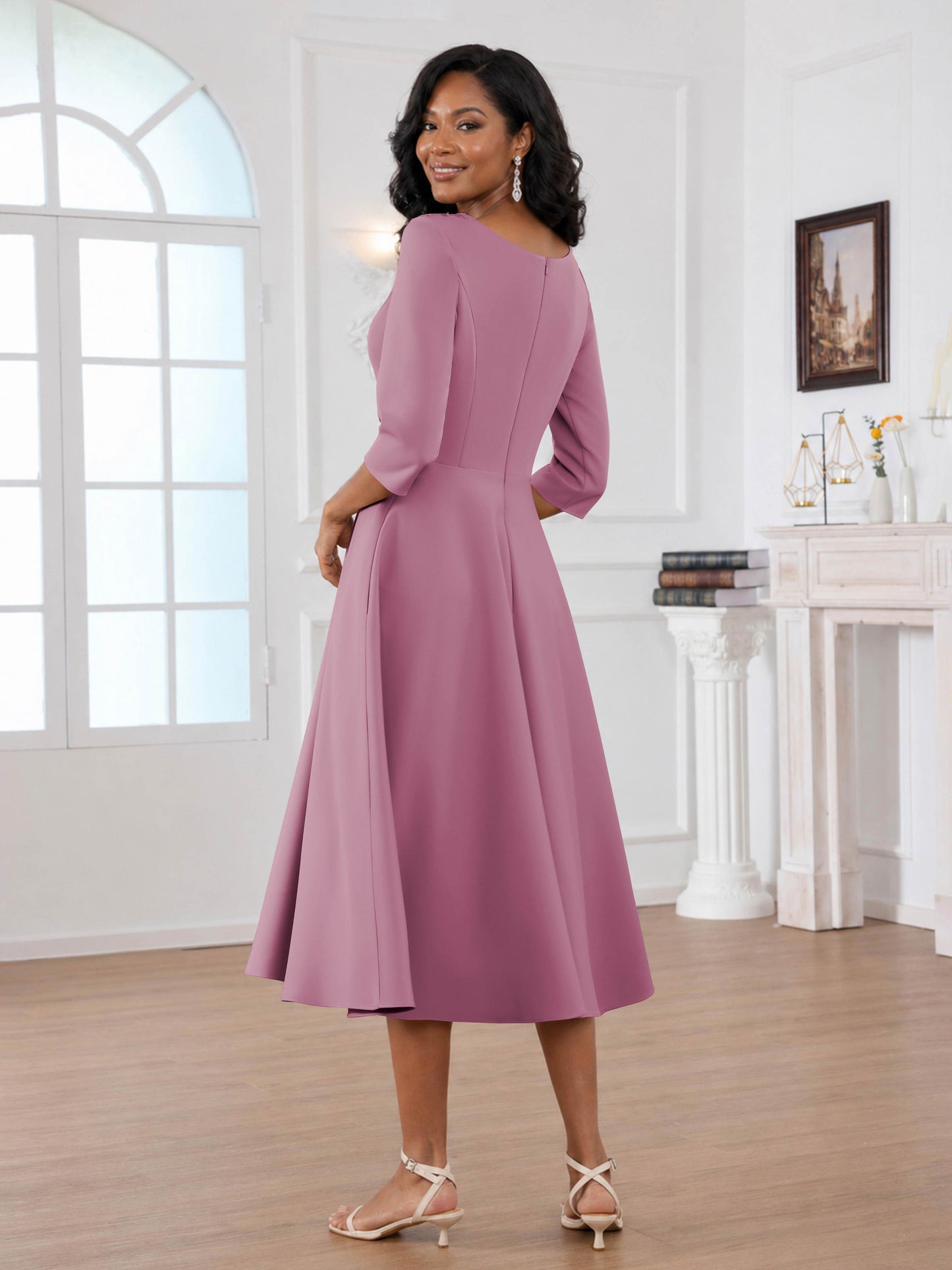 Renvoria Graceful Scoop Lace Tea Length Satin Mother of the Bride Dresses