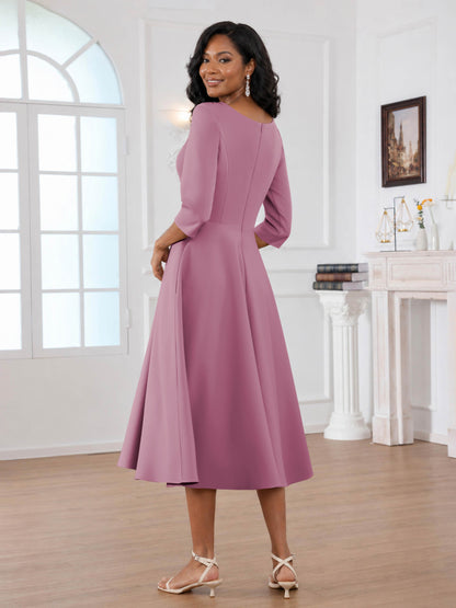 Renvoria Graceful Scoop Lace Tea Length Satin Mother of the Bride Dresses