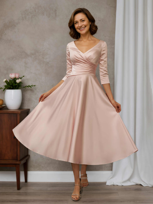 Riveta Graceful A-line V-neck 3/4 Sleeves Pleated Tea-Length Satin Mother of the Bride Dresses