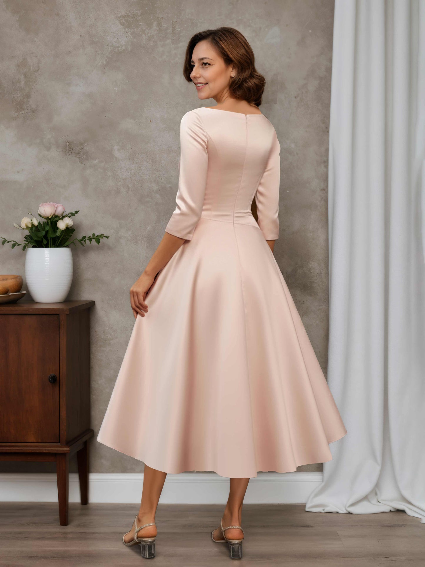 Riveta Graceful A-line V-neck 3/4 Sleeves Pleated Tea-Length Satin Mother of the Bride Dresses