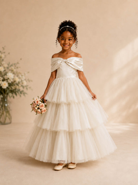 Romantic A-Line Off Shoulder Tiered Tulle Flower Girl Dresses