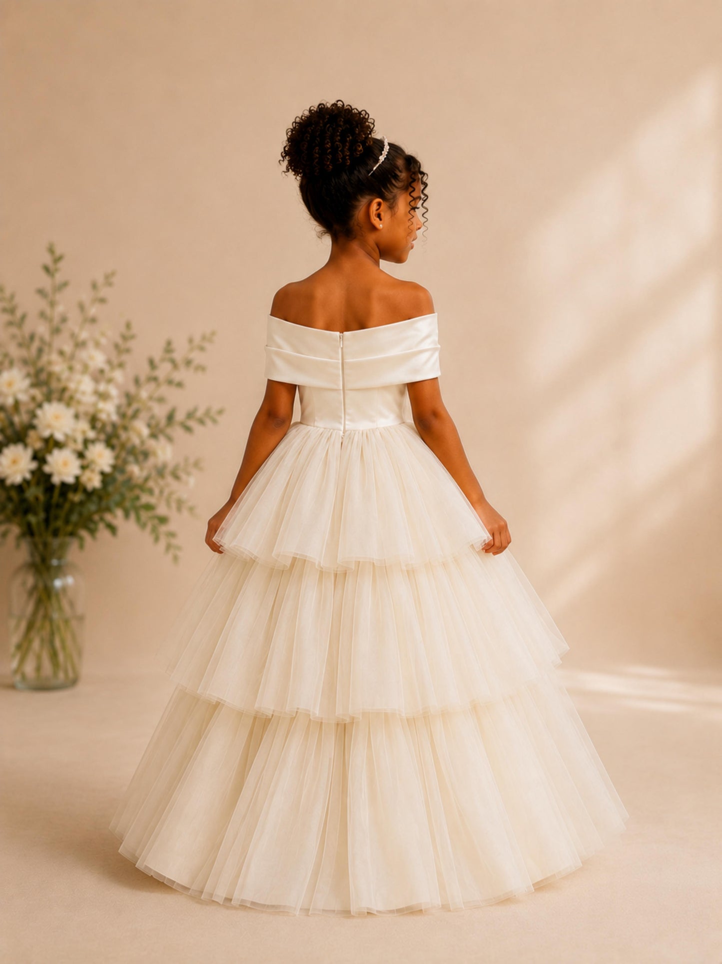 Romantic A-Line Off Shoulder Tiered Tulle Flower Girl Dresses