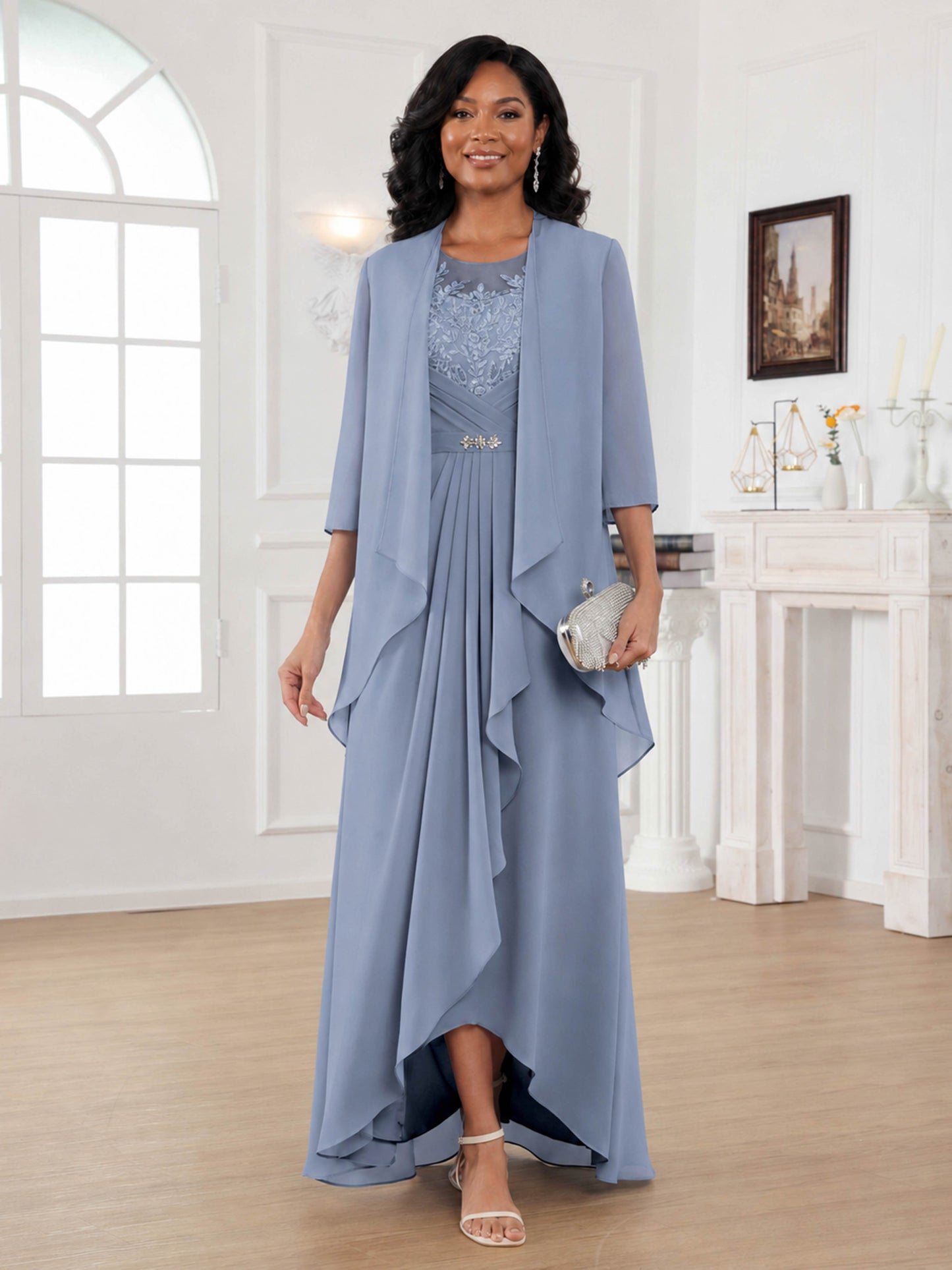 Rosalie Graceful 2 Pieces Appliques Lace Chiffon Mother of the Bride Dresses with Ruffles