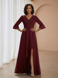 Rosalith 3/4 Sleeves Pleated V-Neck Ruffle A-Line Mother of the Bride Dresses
