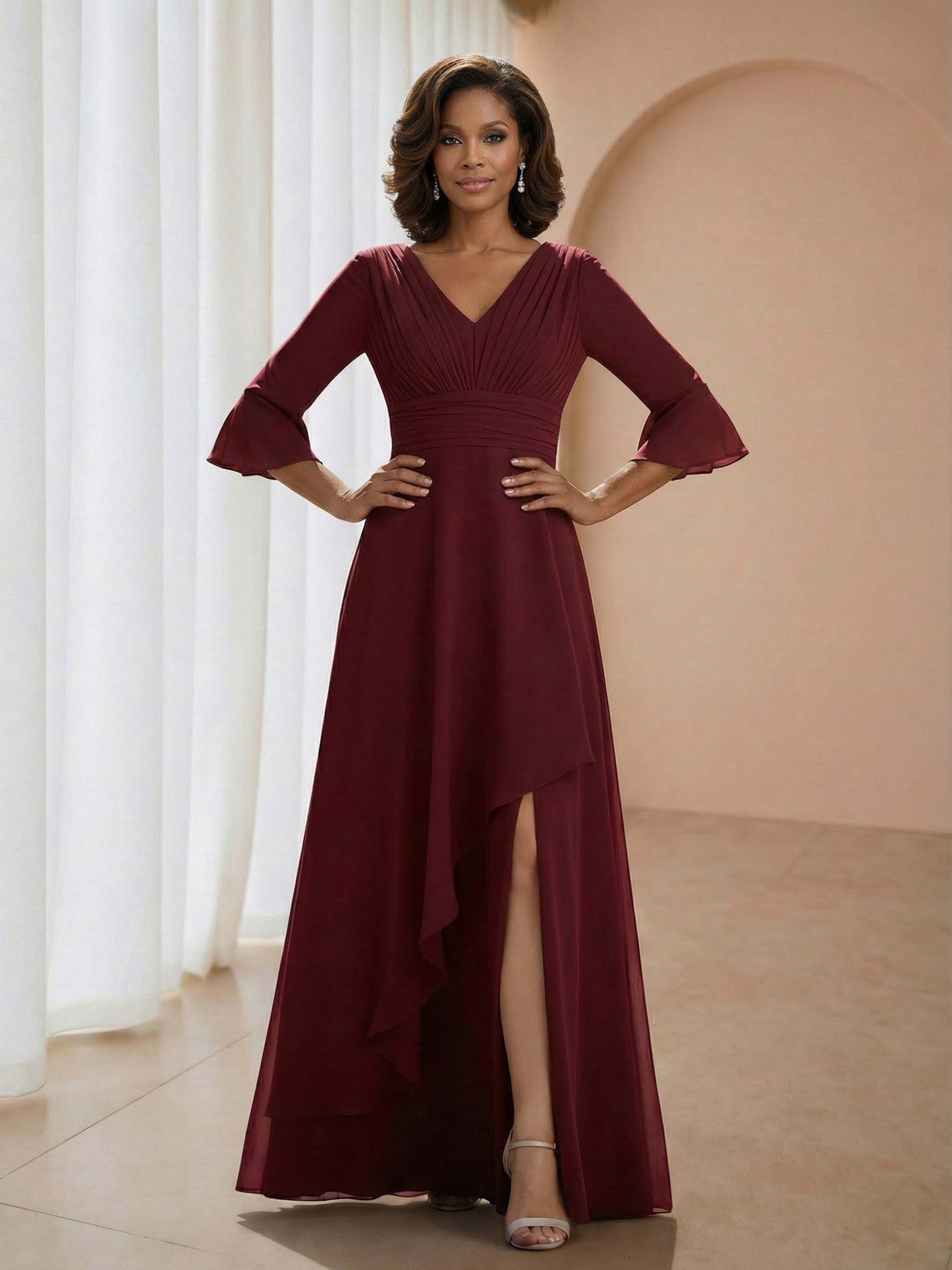 Rosalith 3/4 Sleeves Pleated V-Neck Ruffle A-Line Mother of the Bride Dresses