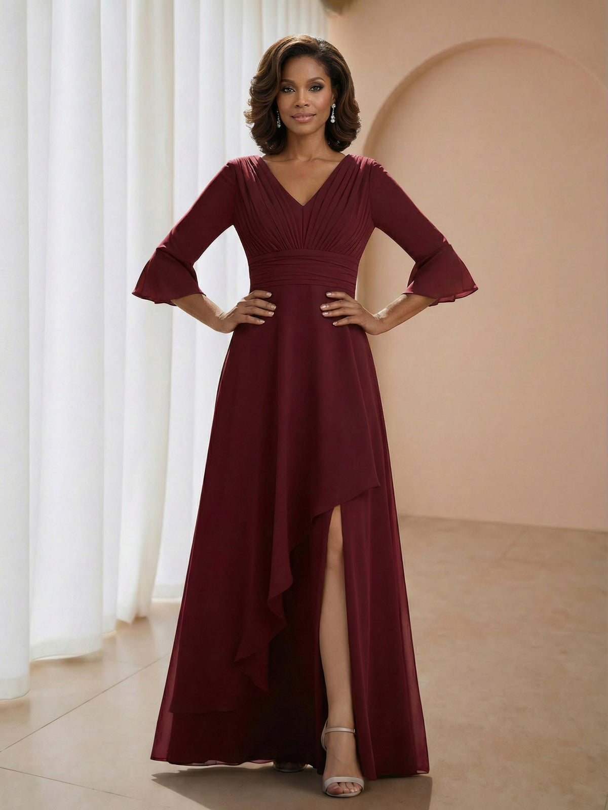 Rosalith 3/4 Sleeves Pleated V-Neck Ruffle A-Line Mother of the Bride Dresses