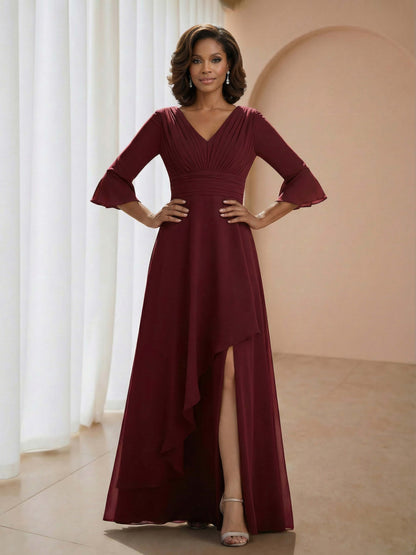 Rosalith 3/4 Sleeves Pleated V-Neck Ruffle A-Line Mother of the Bride Dresses