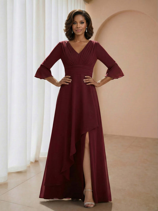 Rosalith 3/4 Sleeves Pleated V-Neck Ruffle A-Line Mother of the Bride Dresses