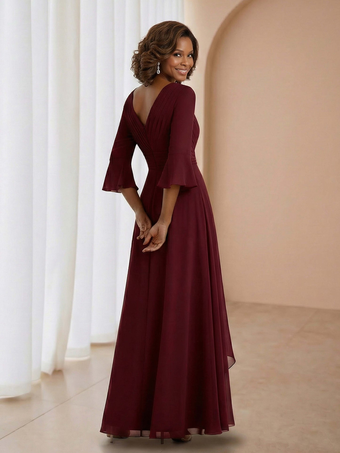 Rosalith 3/4 Sleeves Pleated V-Neck Ruffle A-Line Mother of the Bride Dresses