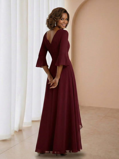 Rosalith 3/4 Sleeves Pleated V-Neck Ruffle A-Line Mother of the Bride Dresses