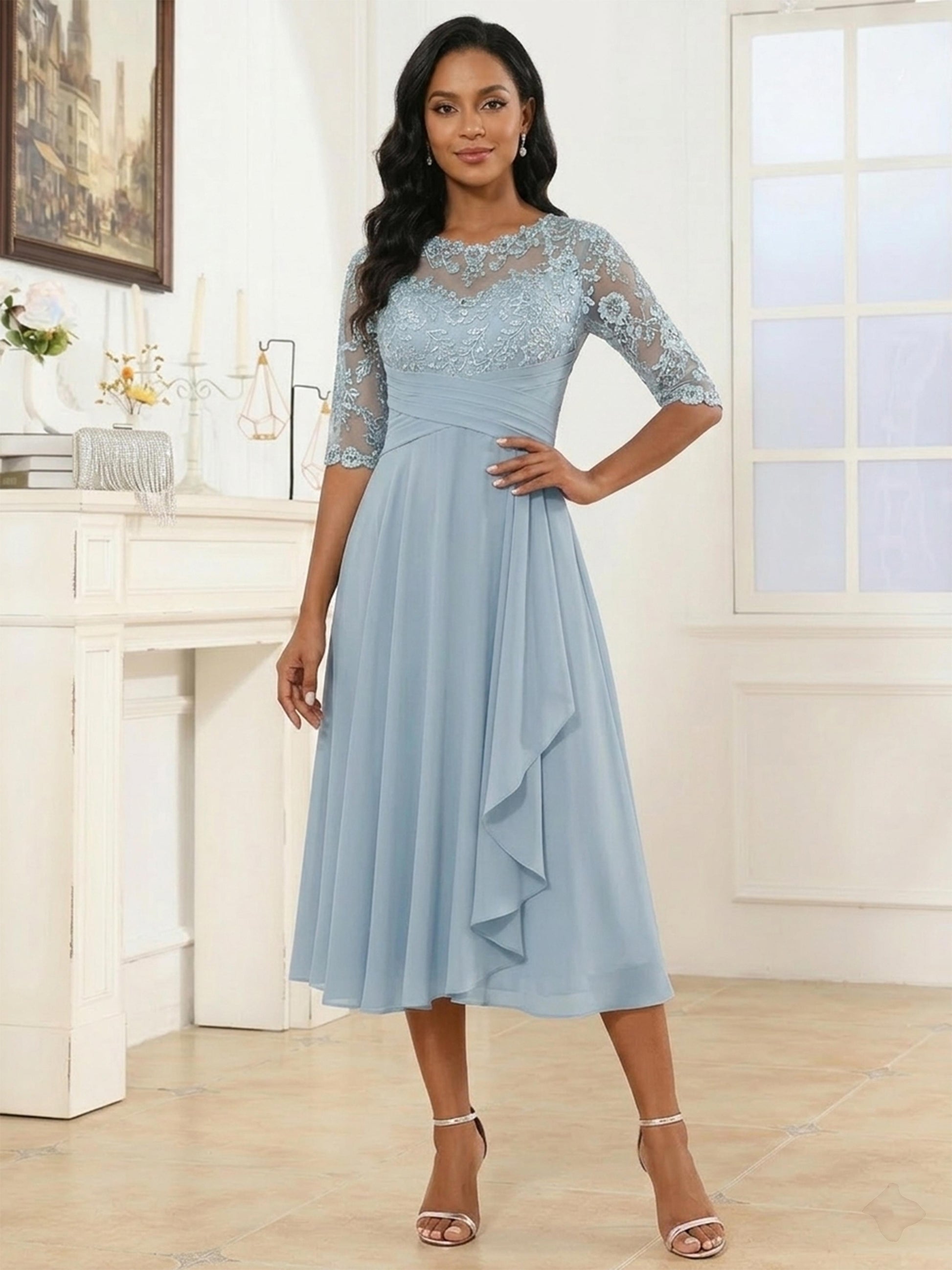 Rosel Graceful Illusion Half Sleeves Lace Chiffon Knee Length Mother o – Cathnina