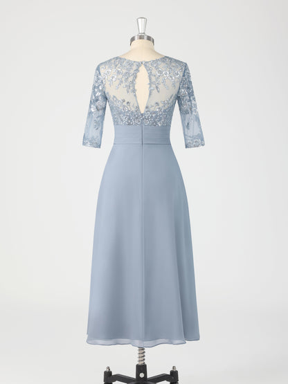 Rosel Graceful Illusion Half Sleeves Lace Chiffon Knee Length Mother of the Bride Dresses