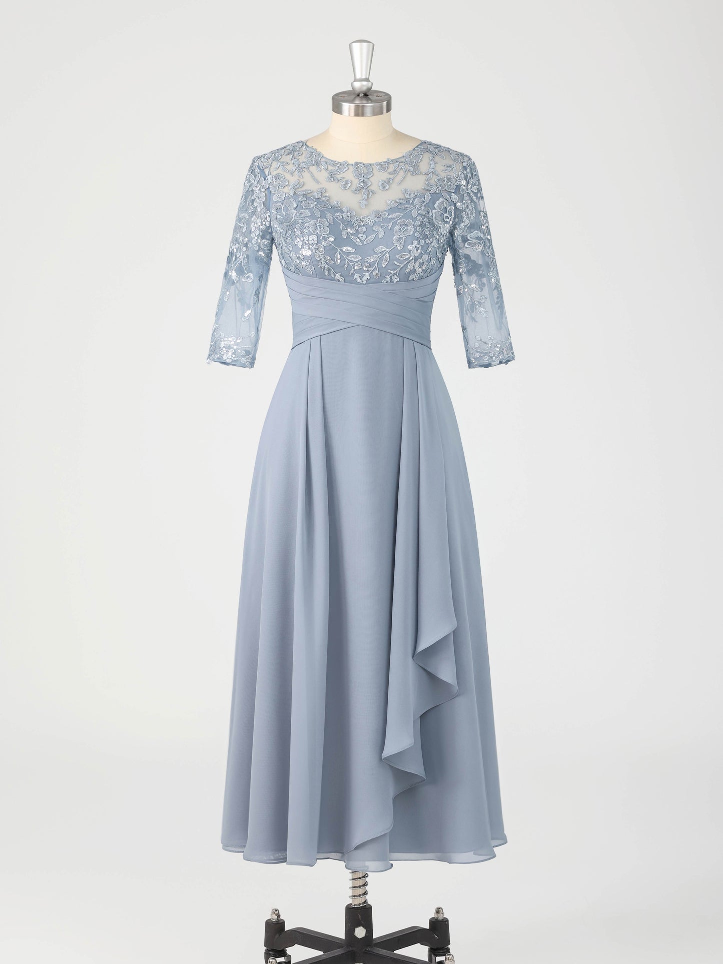 Rosel Graceful Illusion Half Sleeves Lace Chiffon Knee Length Mother of the Bride Dresses