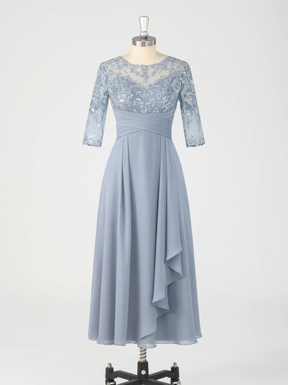 Rosel Graceful Illusion Half Sleeves Lace Chiffon Knee Length Mother of the Bride Dresses