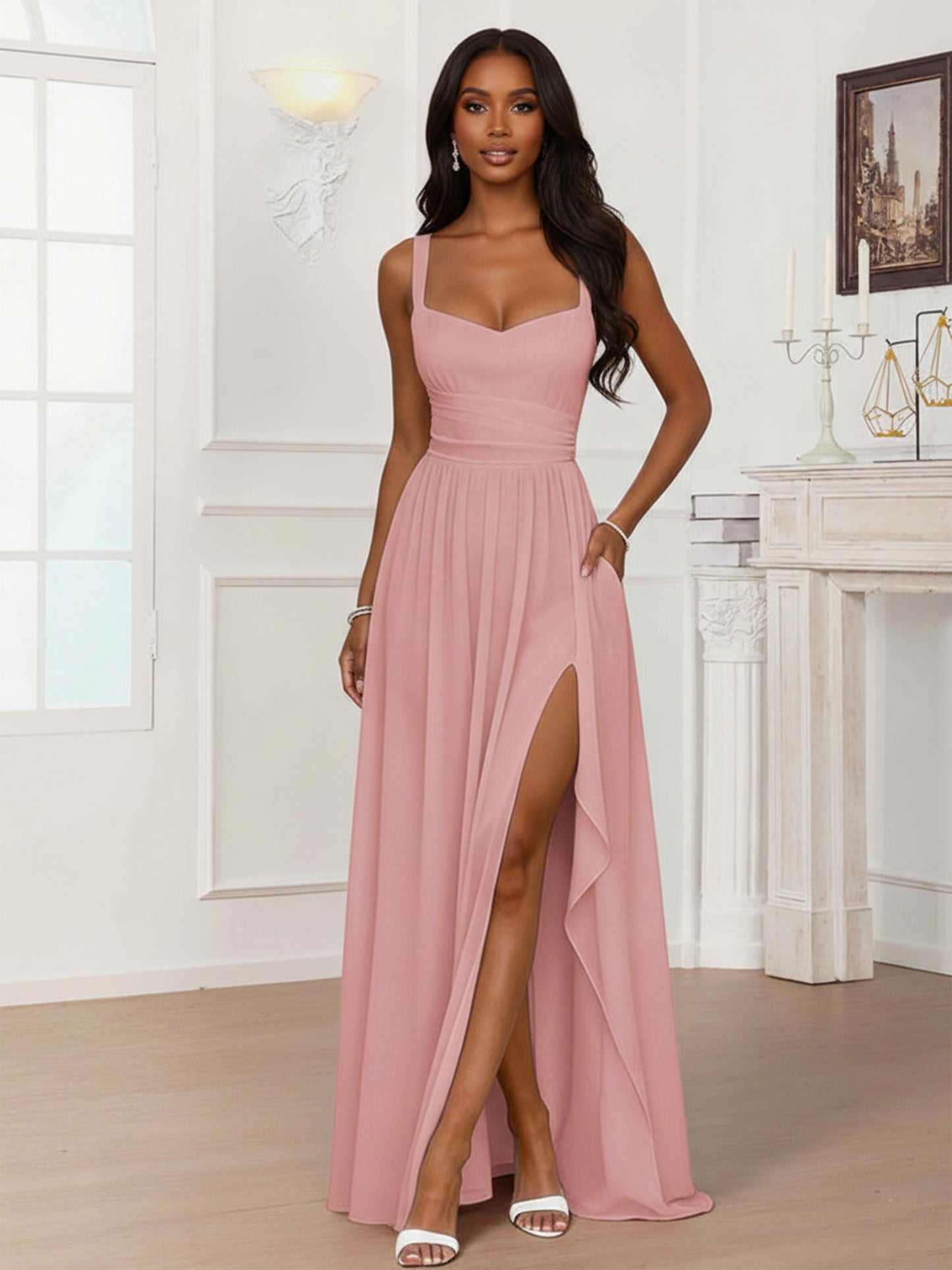Rosin A-Line V Neck Pleated Long Chiffon Bridesmaid Dresses with Slit