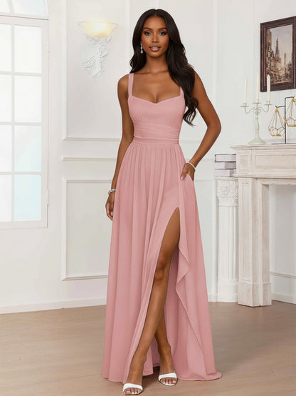 Rosin A-Line V Neck Pleated Long Chiffon Bridesmaid Dresses with Slit