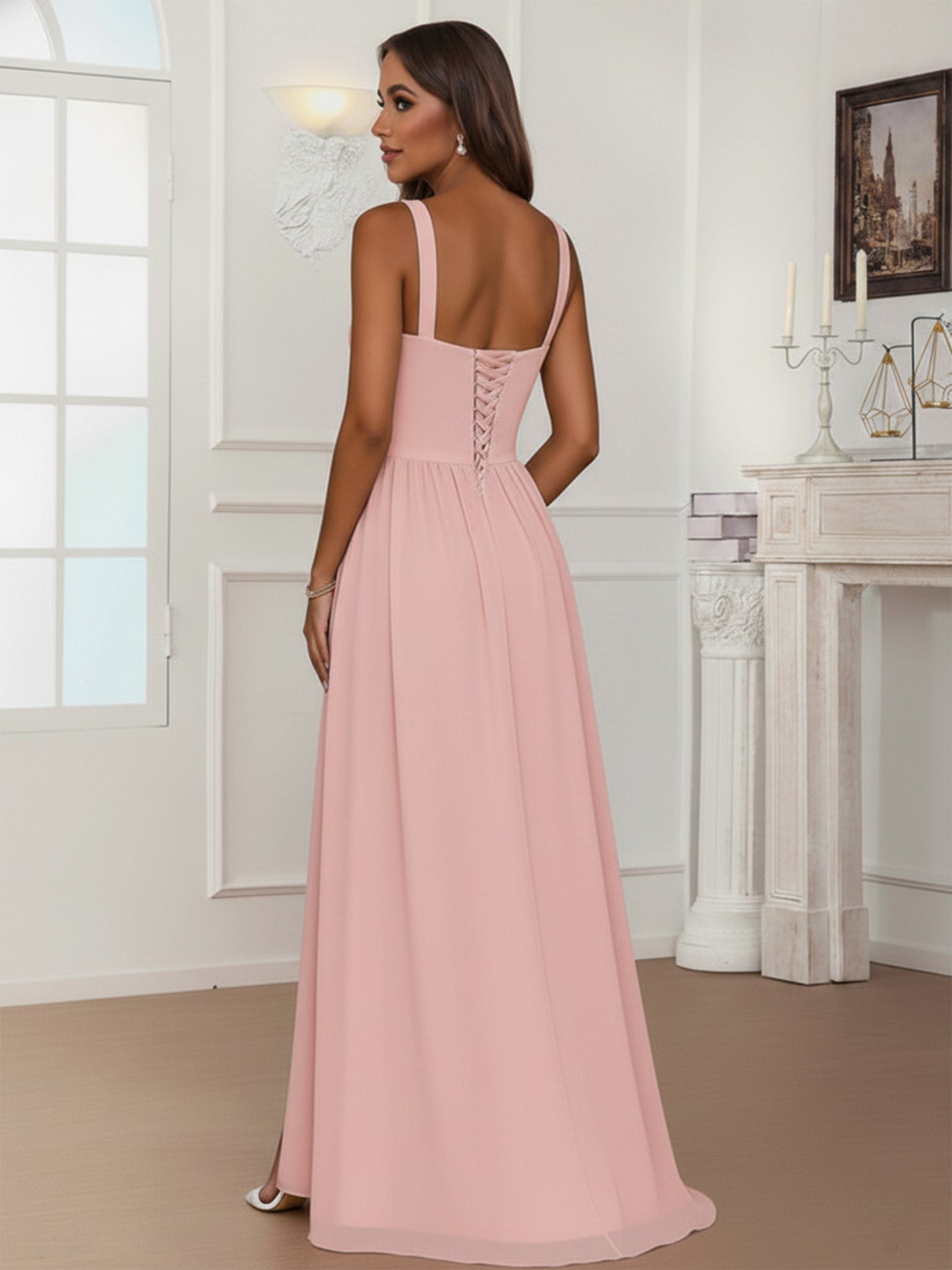 Rosin A-Line V Neck Pleated Long Chiffon Bridesmaid Dresses with Slit