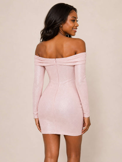Scarlett Off-the-Shoulder Glitter Homecoming Dress Long Sleeves