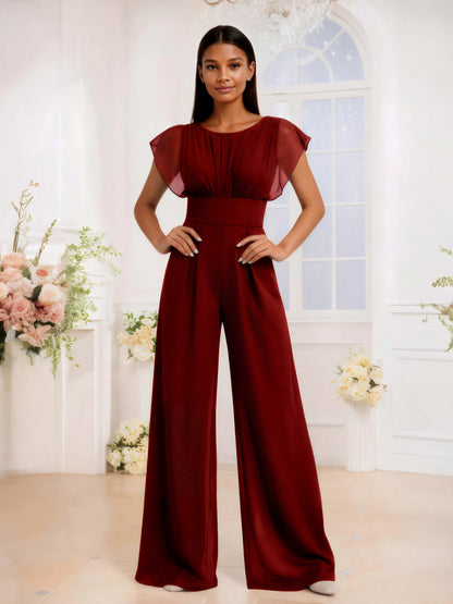 Scoop Floor-Length Chiffon Jumpsuits For Bridesmaids With Ruffles