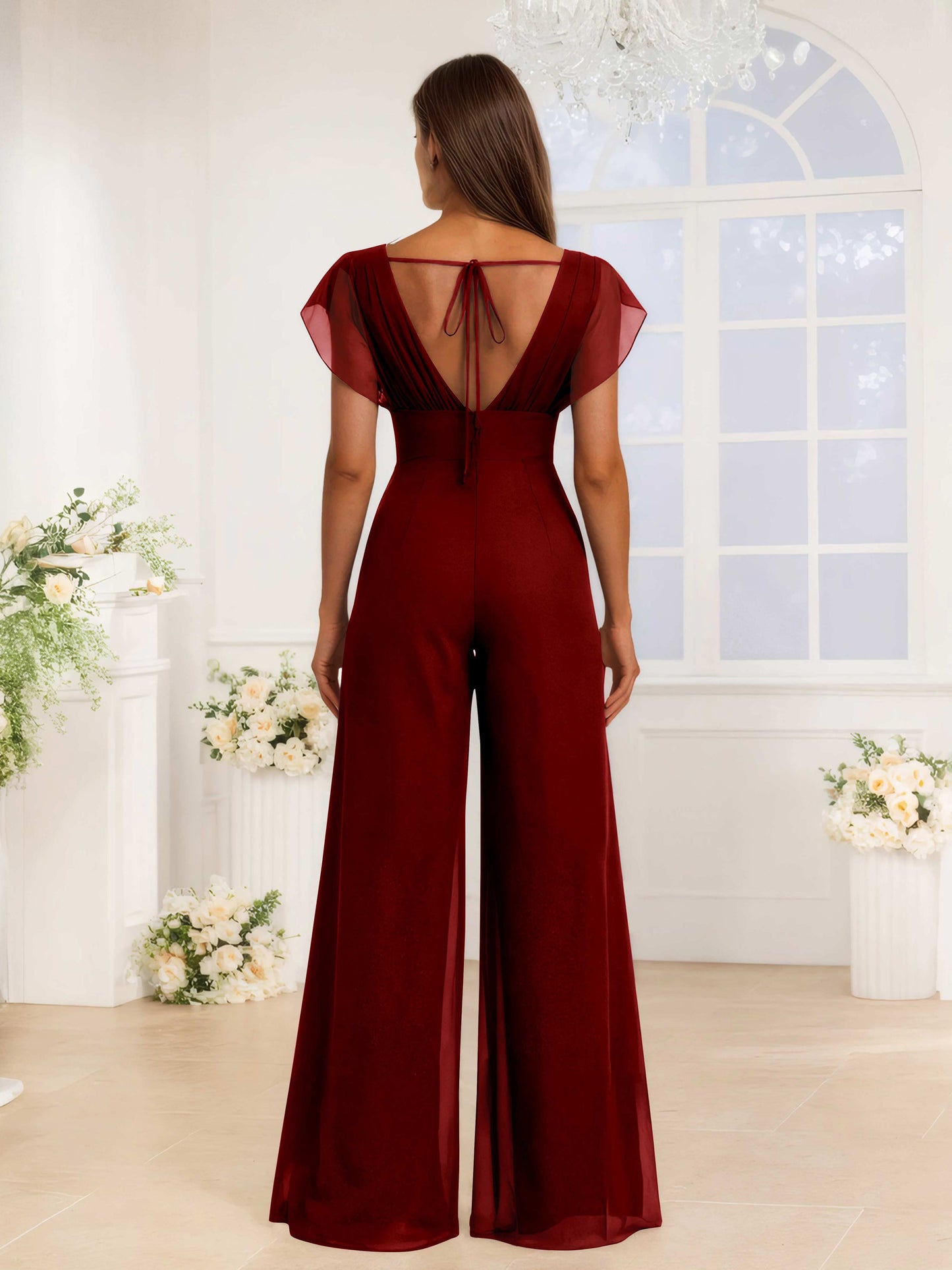 Scoop Floor-Length Chiffon Jumpsuits For Bridesmaids With Ruffles