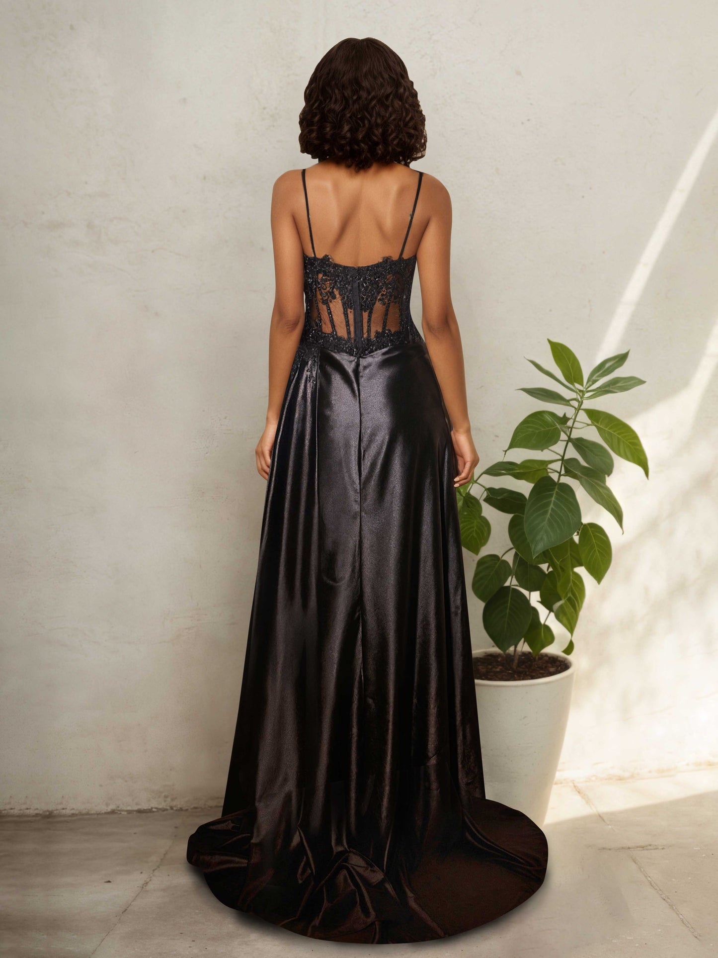 Selina Sexy Spaghetti Straps Sheer Top Fitted Gowns with Beaded