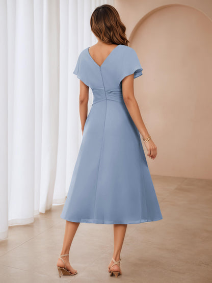 Seline Chic V-Neck Pleated Beading Tea Length Mother Of The Bride Dresses