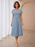 Seline Chic V-Neck Pleated Beading Tea Length Mother Of The Bride Dresses