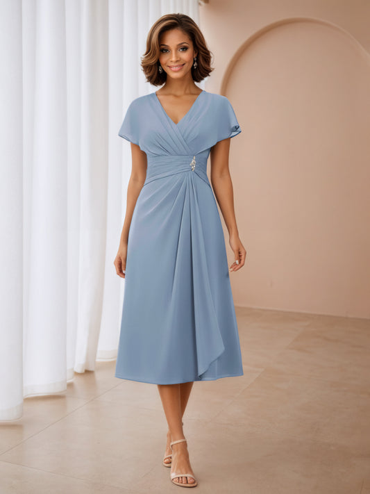 Seline Chic V-Neck Pleated Beading Tea Length Mother Of The Bride Dresses