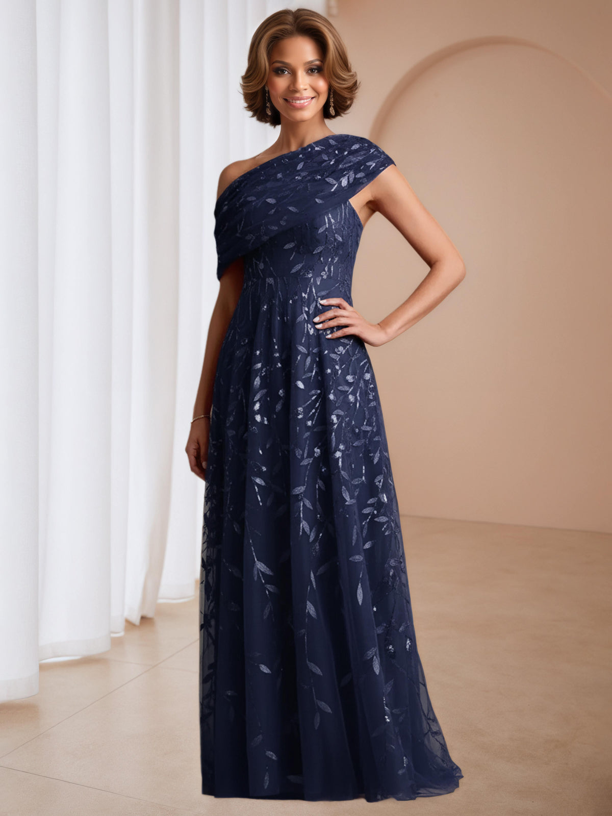 Virela A-Line/Princess One Shoulder Sequins Pleated Mother of the Bride Dresses