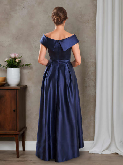 Seriana Elegant A-line Off-the-Shoulder Satin Pleated Asymmetrical Mother of the Bride Dress