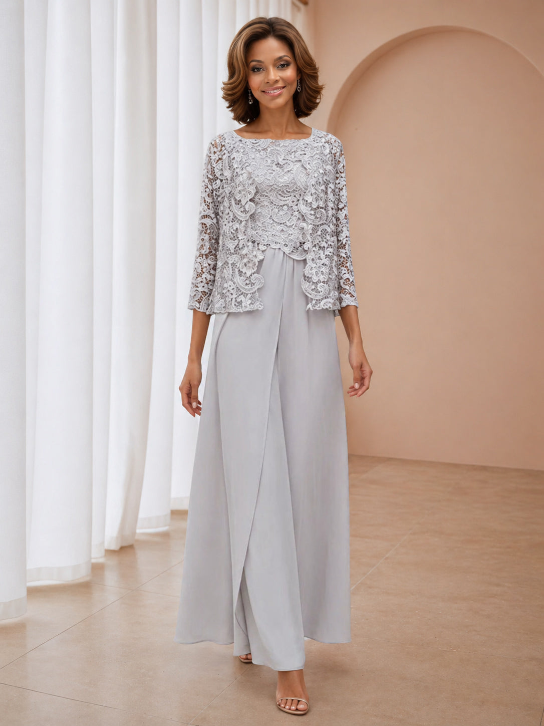 Serina Delicate Three Pieces Lace Sequins Chiffon Mother of the Bride Pantsuit