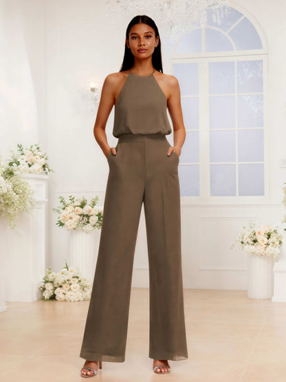 Simple Halter Chiffon Jumpsuits For Bridesmaids With Pockets