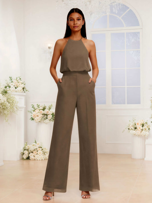 Simple Halter Chiffon Jumpsuits For Bridesmaids With Pockets