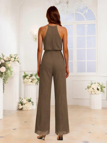 Simple Halter Chiffon Jumpsuits For Bridesmaids With Pockets