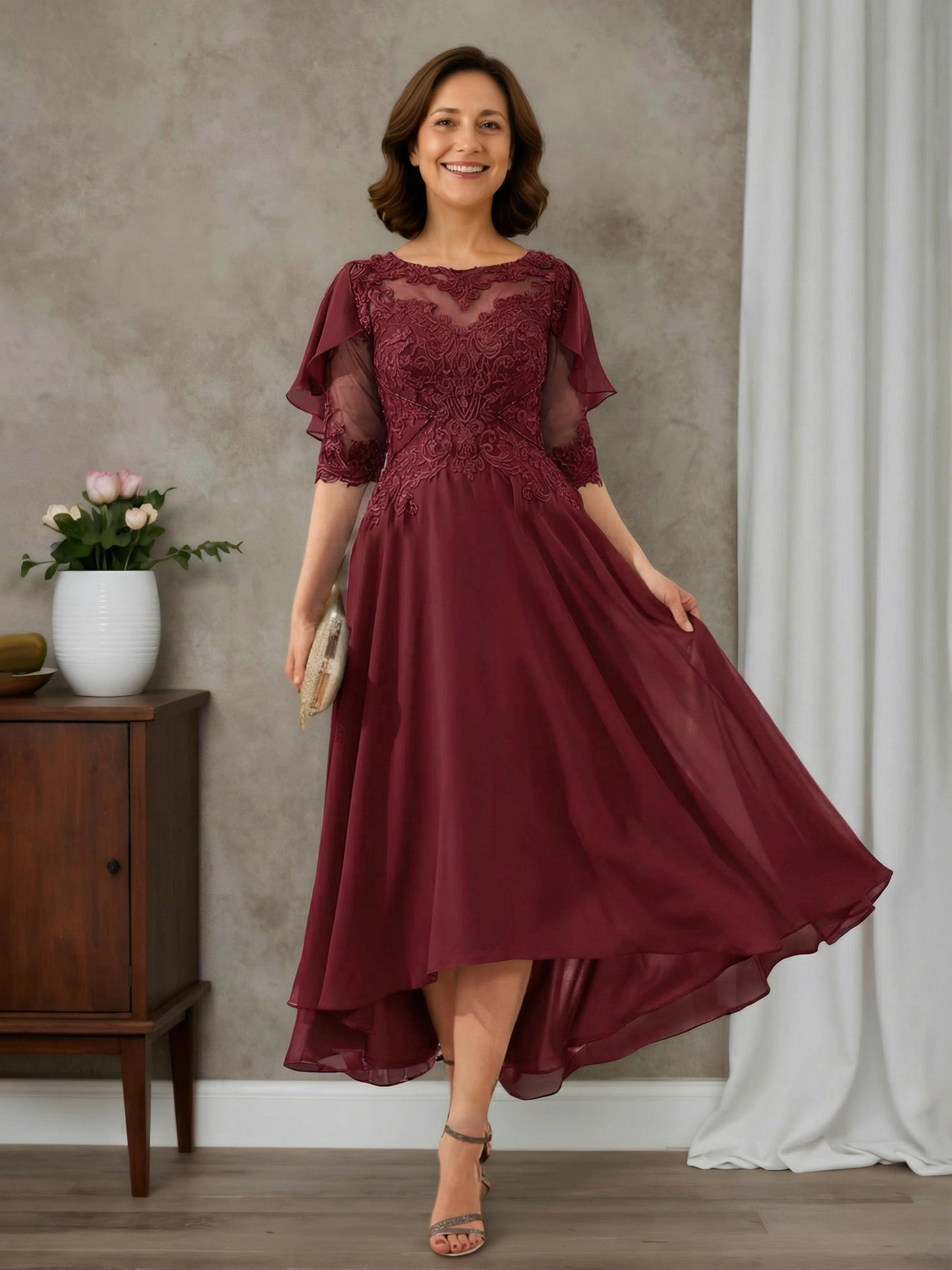 Solenne Elegant A-line Scoop Half Sleeves Asymmetrical Chiffon Mother of the Bride Dresses