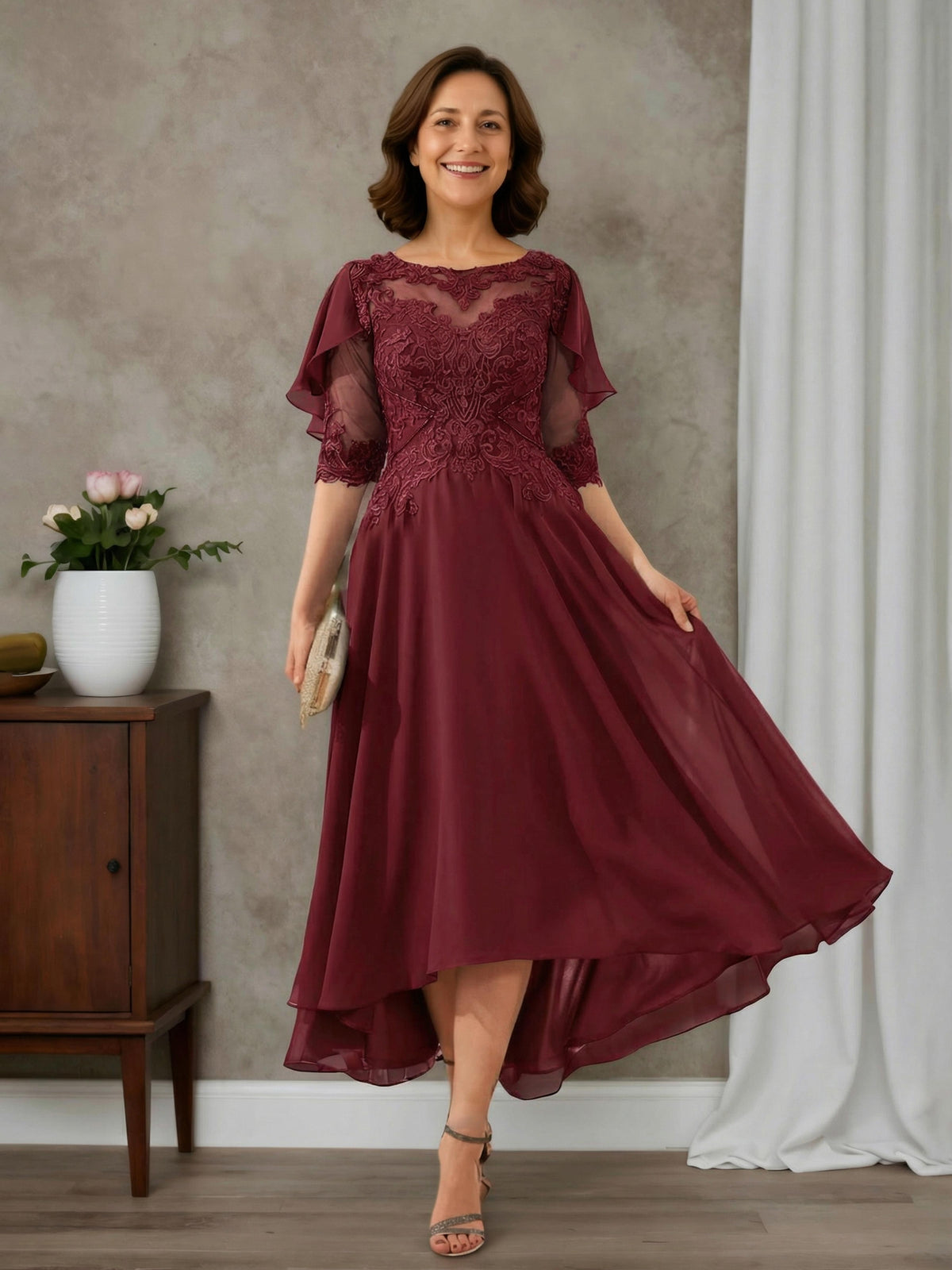 Solenne Elegant A-line Scoop Half Sleeves Asymmetrical Chiffon Mother of the Bride Dresses