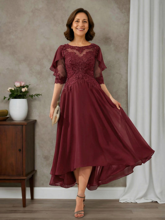 Solenne Elegant A-line Scoop Half Sleeves Asymmetrical Chiffon Mother of the Bride Dresses