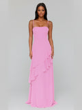 Sorella A-Line Spaghetti Strap Chiffon Floor Length Prom Dresses with Ruffles