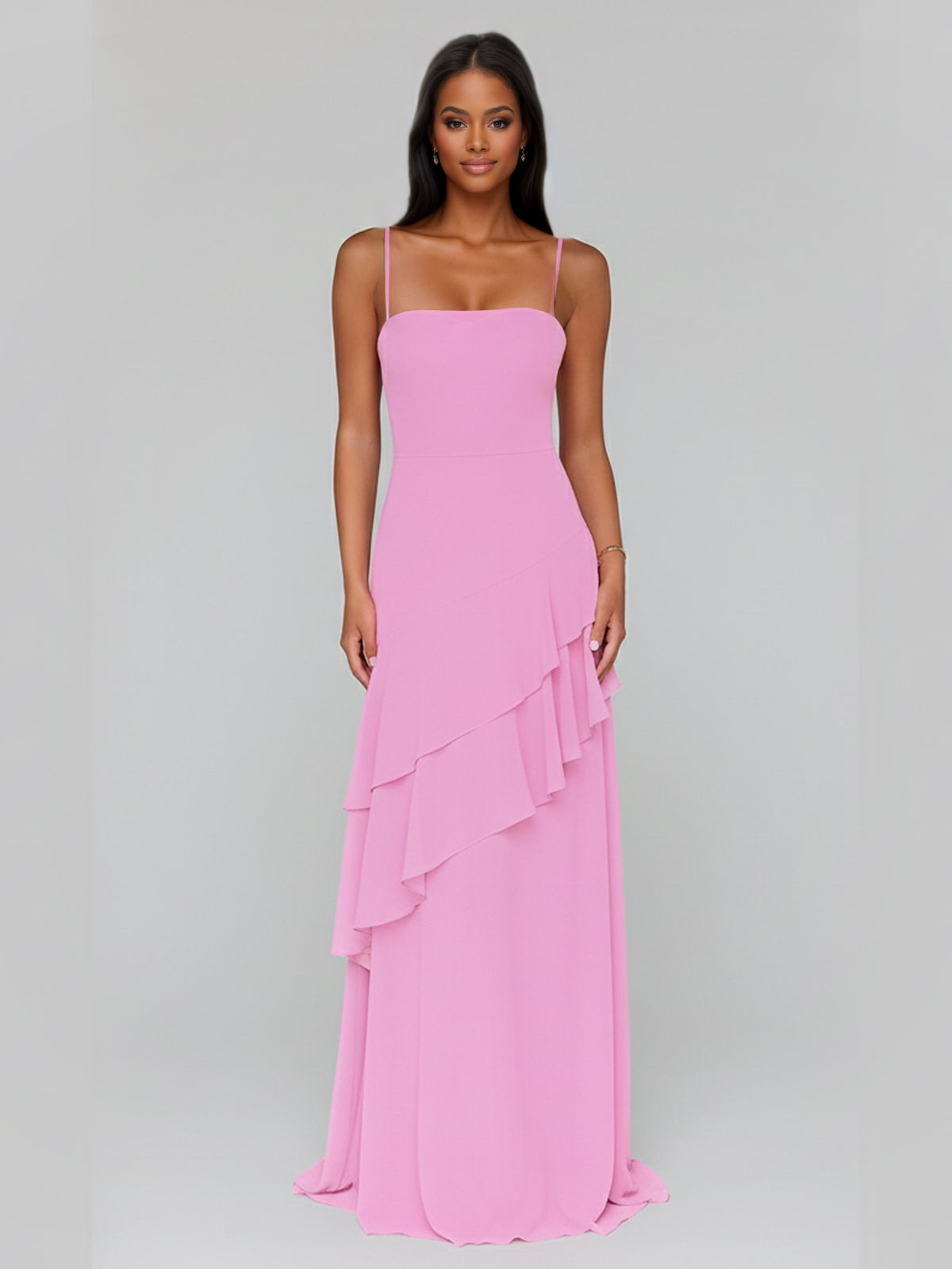 Sorella A-Line Spaghetti Strap Chiffon Floor Length Prom Dresses with Ruffles