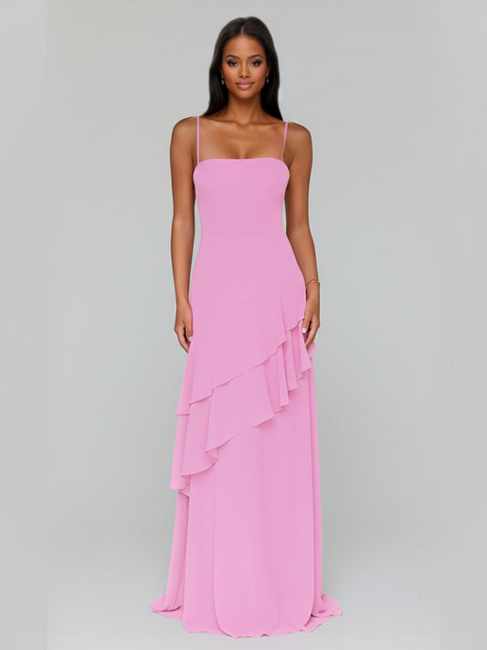 Sorella A-Line Spaghetti Strap Chiffon Floor Length Prom Dresses with Ruffles