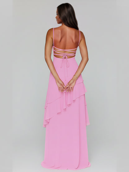 Sorella A-Line Spaghetti Strap Chiffon Floor Length Prom Dresses with Ruffles