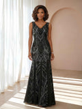 Sovereia Sophisticated Mermaid V-Neck Floor-Length Sequins Mother of the Bride Dresses
