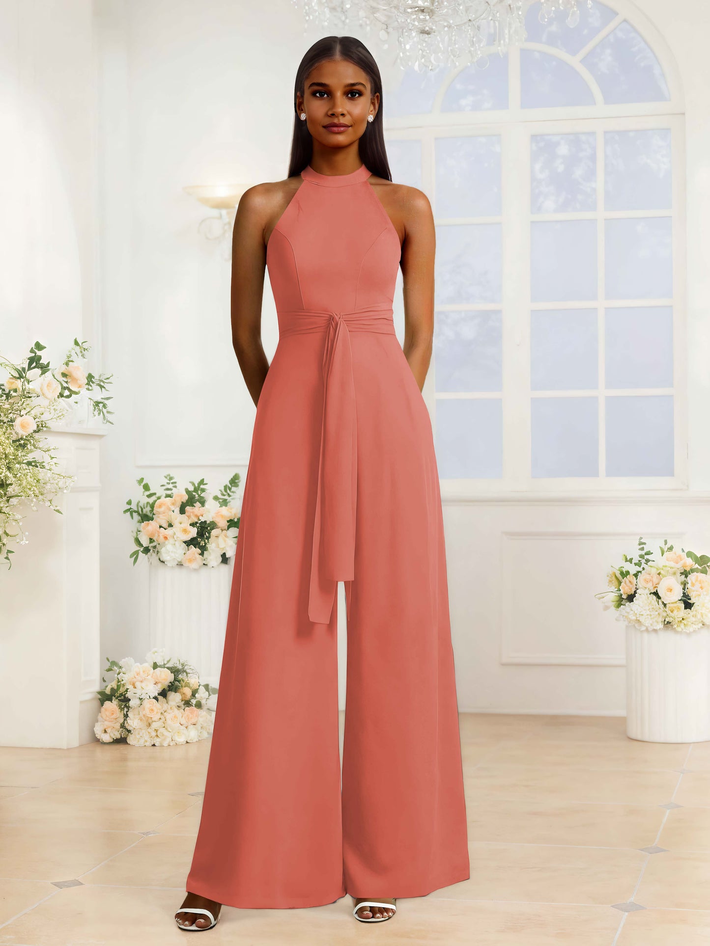 Stylish Halter Neckline Jumpsuits For Bridesmaids With Bow
