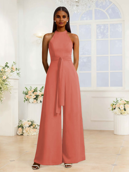 Stylish Halter Neckline Jumpsuits For Bridesmaids With Bow