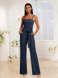 Stylish Spaghetti Straps Ruched Chiffon Jumpsuits For Bridesmaids With Pockets
