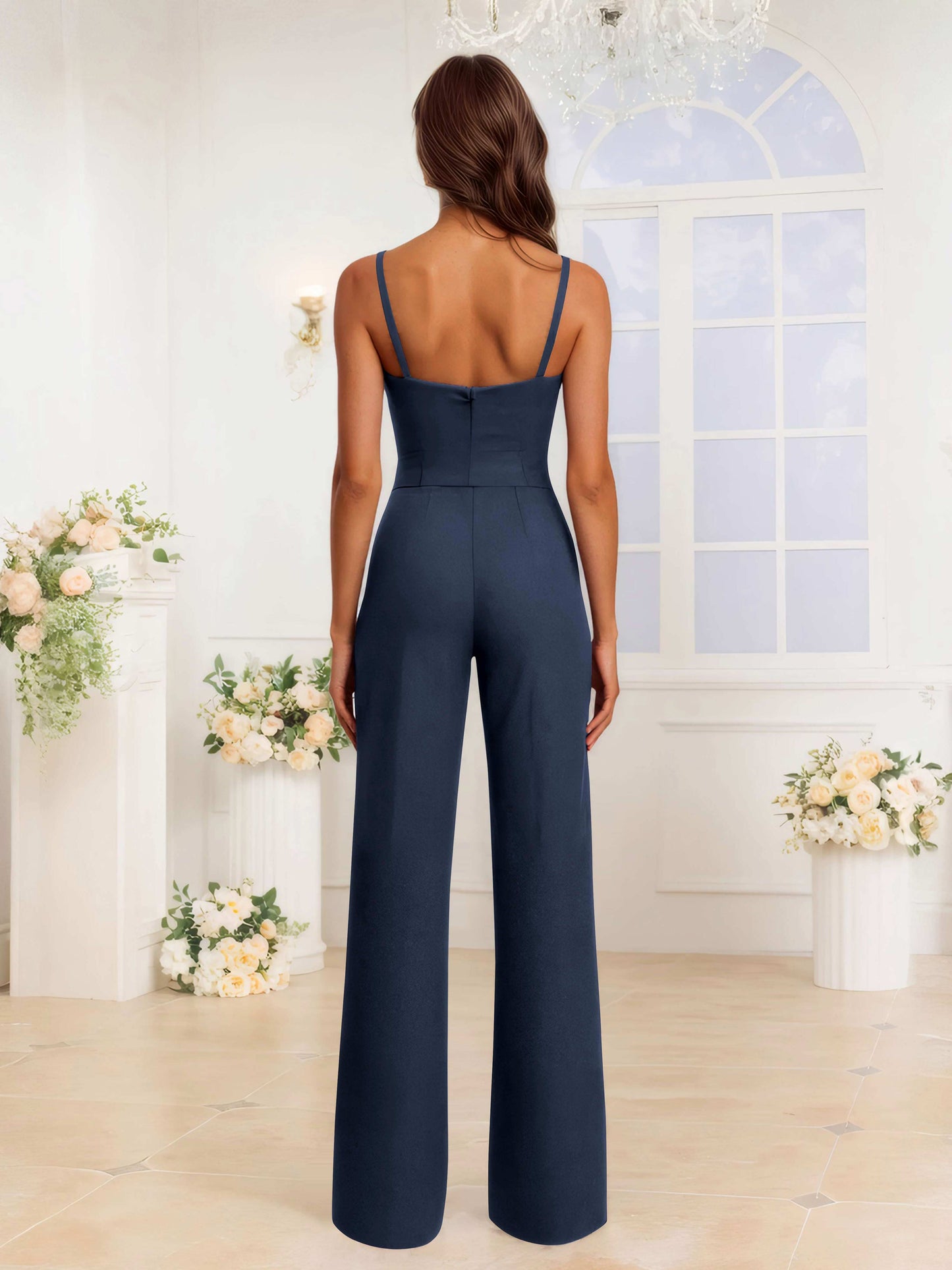 Stylish Spaghetti Straps Ruched Chiffon Jumpsuits For Bridesmaids With Pockets